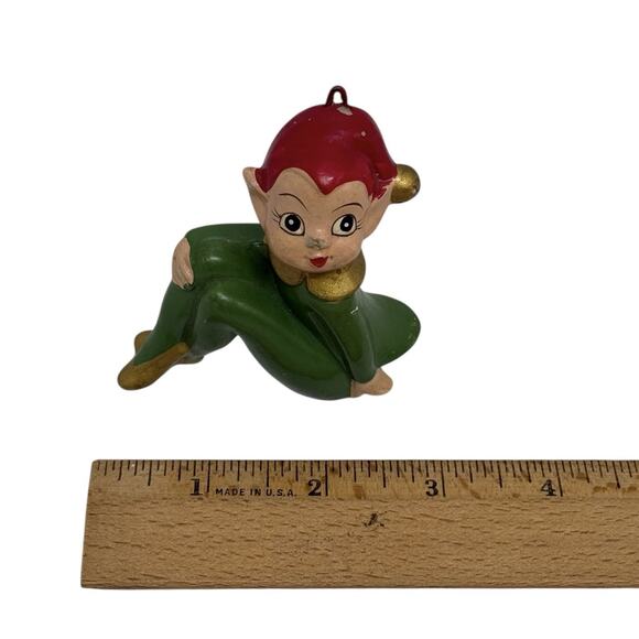 1950s Christmas Seated Pixie Elf Ceramic Ornament Red Hair Green Outfit Japan - Picture 9 of 11